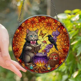 Mystical Cat Lovers' Tiffany Stained Glass Cauldron Kitten Autumn Jewel Tone Magic Art Stained Glass Suncatcher