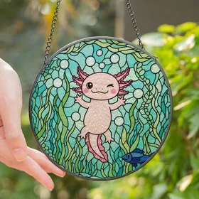 Animal Art Fans' Winking Pink Axolotl Stained Glass Tiffany Jewel Tone Design Stained Glass Suncatcher