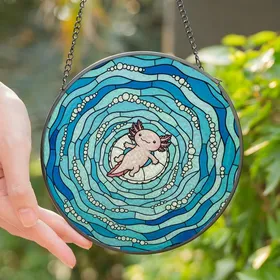 Axolotl Lovers' Intricate Glowing Pink Axolotl Stained Glass Ocean Mosaic Design Stained Glass Suncatcher