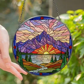 Nature Lovers' Vibrant Stained Glass Mountain Lake Sunset Jewel Tone Mosaic Landscape Stained Glass Suncatcher