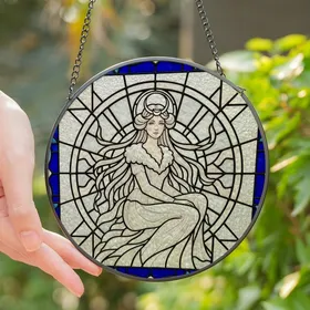 Art Lovers' Ethereal Stained Glass Moth Maiden, Sapphire Blue & Cream Geometric Art Nouveau Stained Glass Suncatcher