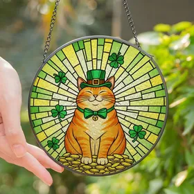 Cat Lovers' Blissful Orange Tabby Leprechaun Stained Glass Emerald Gold Jewel Tone Mosaic Stained Glass Suncatcher