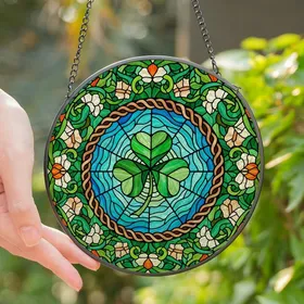 Stained Glass Art Lovers' Vibrant Tiffany Style Shamrock, Emerald Green & Sapphire Blue Floral Mosaic Design Stained Glass Suncatcher