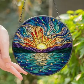 Art Enthusiasts' Glowing Stained Glass Sunset Mosaic, Teal Blue Orange Purple Mountainscape Stained Glass Suncatcher