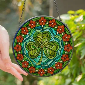 Stained Glass Art Lovers' Vibrant Tiffany Jewel Tone Shamrock Clover Floral Mosaic Stained Glass Suncatcher