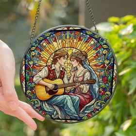 Art Lovers' Detailed Tiffany Stained Glass Serenade: Romantic Couple, Acoustic Guitar, Radiant Sunburst, Jewel Tones Stained Glass Suncatcher