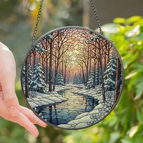 Nature Lovers' Tiffany Style Snowy River Winter Forest Jewel Tones Blue White Amber Lavender Brown Stained Glass Suncatcher