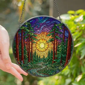 Nature Art Lovers' Radiant Yellow-Orange Sun Stained Glass Redwood Forest Mosaic with Jewel Tones Stained Glass Suncatcher