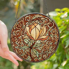 Art Lovers' Glowing Tiffany Style Stained Glass Magnolia Crescent Moon Peach Amber Teal Mosaic Stained Glass Suncatcher
