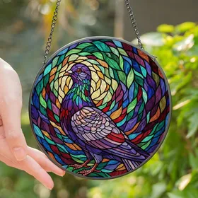 Art Lovers' Majestic Stained Glass Pigeon Iridescent Jewel Tones Abstract Mosaic Pattern Stained Glass Suncatcher