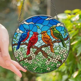 Nature Lovers' Vibrant Jewel Tone Stained Glass Birds & Floral Mosaic Stained Glass Suncatcher
