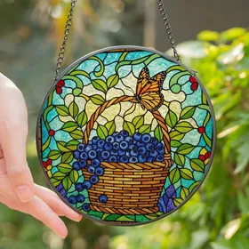 Nature Lovers' Tiffany Stained Glass Blueberries Monarch Orange Butterfly Rustic Basket Mosaic Art Stained Glass Suncatcher