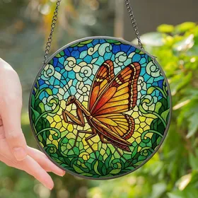 Nature Enthusiasts' Tiffany Style Stained Glass Praying Mantis Butterfly Wings Jewel Tone Mosaic Stained Glass Suncatcher