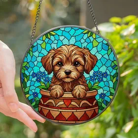 Puppy Lovers' Tiffany Stained Glass Fluffy Puppy Forget-Me-Not Garden Mosaic Art Teal Blue Green Stained Glass Suncatcher