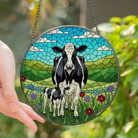 Farm Animal Lovers' Intricate Tiffany Style Stained Glass Holstein Cow Calf Geometric Wildflower Mosaic in Jewel Tones Stained Glass Suncatcher