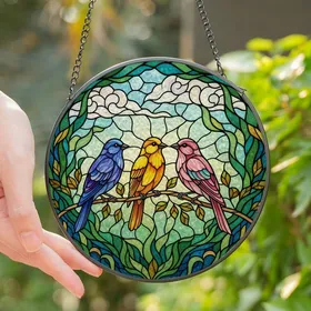 Art Enthusiasts' Vibrant Stained Glass Songbirds Tiffany Style Mosaic Art Pattern, Blue Yellow Orange Pink Fuchsia Jewel Tones Stained Glass Suncatcher