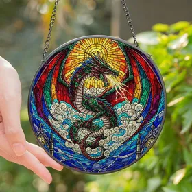 Fantasy Art Lovers' Roaring Dragon Stained Glass Jewel Tone Multi-Color Wing Gothic Vortex Stained Glass Suncatcher