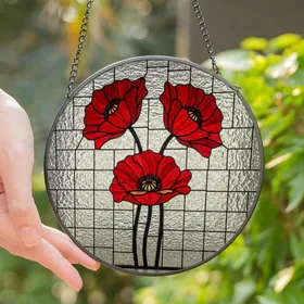 Art Lovers' Edge-to-Edge Vibrant Red Poppy Stained Glass Floral Mosaic with Rippled Clear Glass Stained Glass Suncatcher