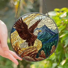 Nature Lovers' Majestic Stained Glass Bald Eagle Mountain Panorama Jewel Tones Stained Glass Suncatcher