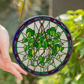 Plant Lovers' Tiffany Style Stained Glass Cascading Pothos Mosaic in Vibrant Jewel Tones Stained Glass Suncatcher