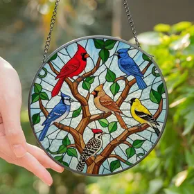 Nature Lovers' Vibrant Tiffany Glass Songbirds Tree Branch Jewel Tone Mosaic Art Stained Glass Suncatcher