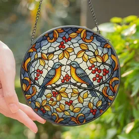 Nature Lovers' Vibrant Tiffany Style Stained Glass Blue Orange Birds Red Berries Leaf Mosaic Stained Glass Suncatcher