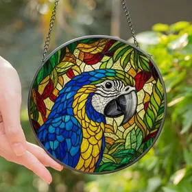 Nature Lovers' Vibrant Blue Yellow Macaw Tiffany Stained Glass Tropical Jungle Mosaic Stained Glass Suncatcher
