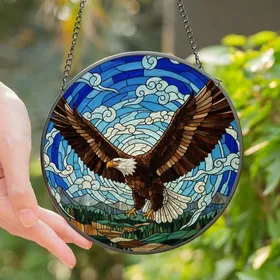 Nature Lovers' Tiffany Stained Glass Bald Eagle Amber Jewel Tone Sky Mosaic Stained Glass Suncatcher