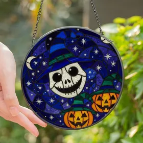 Halloween Lovers' Whimsical Stained Glass Skull Jack-O'-Lantern Blue Orange Green Mosaic Stained Glass Suncatcher
