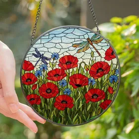 Nature Lovers' Intricate Tiffany Stained Glass Red Poppies Dragonflies Meadow Art Stained Glass Suncatcher