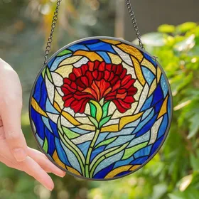 Art Lovers' Vivid Stained Glass Ruby Red Carnation Emerald Leaf Jewel Tone Organic Mosaic Stained Glass Suncatcher
