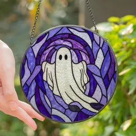 Art Lovers' Whimsical Stained Glass Ghost Intricate Purple Violet Periwinkle Blue Mosaic Stained Glass Suncatcher