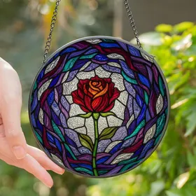 Art Lovers' Tiffany Stained Glass Rose Crimson Emerald Violet Abstract Swirl Mosaic Stained Glass Suncatcher