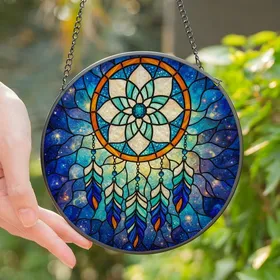 Women's Intricate Stained Glass Dreamcatcher Celestial Feather Art Amber Teal Pattern Stained Glass Suncatcher