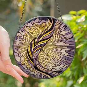 Art Lovers' Ethereal Stained Glass Feather Abstract Mosaic Yellow Lavender Dark Purple Jewel Tone Stained Glass Suncatcher