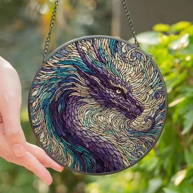 Fantasy Lovers' Majestic Dragon Head Tiffany Stained Glass Art, Intricate Violet Teal Blue Lavender Beige Jewel Tones with Swirling Patterns Stained Glass Suncatcher