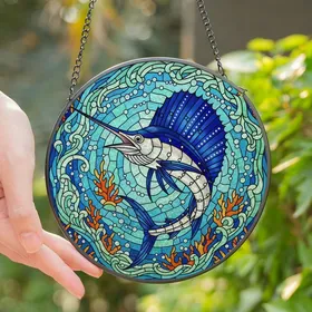 Ocean Lovers' Vibrant Tiffany Style Stained Glass Sailfish Ocean Mosaic Royal Blue Aquamarine Coral Art Stained Glass Suncatcher