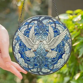 Art Lovers' Tiffany Stained Glass Doves Opalescent White Sky Blue Filigree Cloud Mosaic Stained Glass Suncatcher