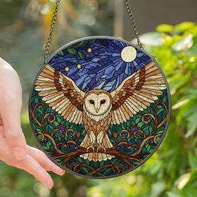 Nature Lovers' Majestic Barn Owl Tiffany Stained Glass Nocturnal Forest Celestial Mosaic with Amber Hues Stained Glass Suncatcher