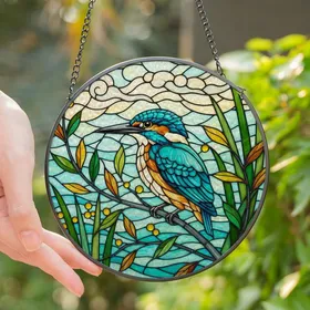 Bird Lovers' Vibrant Tiffany Stained Glass Kingfisher Teal Blue Creamy White Aquatic Mosaic Stained Glass Suncatcher