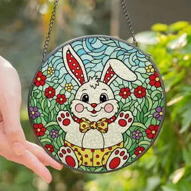 Whimsical Art Lovers' Tiffany Stained Glass Intricate Spring Bunny Red Yellow Polka Dot Floral Meadow Stained Glass Suncatcher