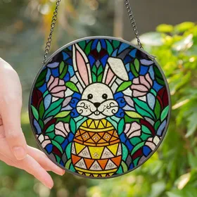 Whimsical Art Lovers' Stained Glass Rabbit Ornate Egg Bright Jewel Tone Floral Geometric Mosaic Stained Glass Suncatcher