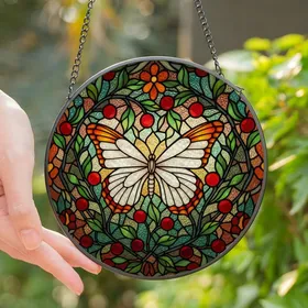 Art Lovers' Tiffany Stained Glass White Orange Butterfly Ruby Red Berries Emerald Green Vines Intricate Mosaic Stained Glass Suncatcher