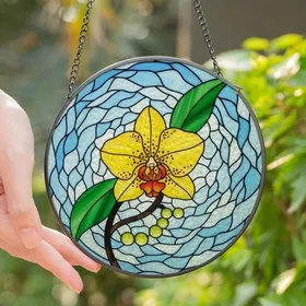 Art Lovers' Radiant Yellow Orchid Stained Glass Mosaic with Emerald Leaves & Sky Blue Swirls Stained Glass Suncatcher