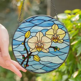 Floral Art Enthusiasts' Tiffany Stained Glass Phalaenopsis Orchid Sky Mosaic: Creamy White, Yellow, Blue Stained Glass Suncatcher