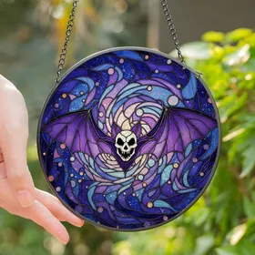 Gothic Fantasy Enthusiasts' Tiffany Style Whimsical Bat Skull Royal Purple Mosaic Stained Glass Suncatcher