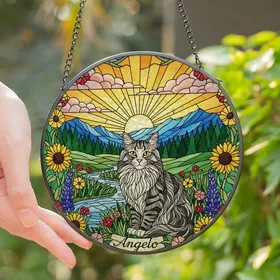 Cat Lovers' Nature Enthusiast Intricate Stained Glass Tabby Cat Wildflower Mountain Sunrise Jewel Tones Stained Glass Suncatcher