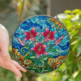 Art Lovers' Vibrant Pink Lily Tiffany Stained Glass Floral Emerald Sky Mosaic Stained Glass Suncatcher