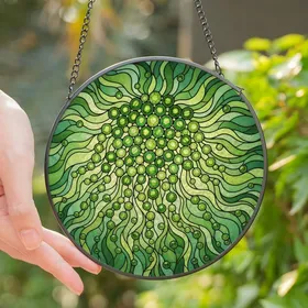 Nature Lovers' Tiffany Style Emerald Green Succulent Stained Glass Art Swirling Cloud Mosaic Stained Glass Suncatcher