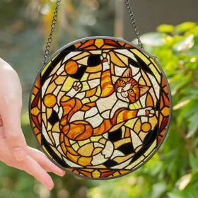 Cat Lovers' Vibrant Orange White Stained Glass Geometric Mosaic Art Jewel Tones Stained Glass Suncatcher